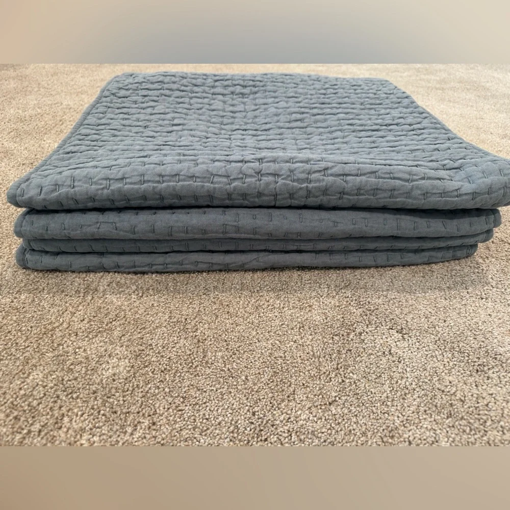 Pottery Barn Pick- Stitched King Shams Set of 4 Blue Grey Tie Linen Cotton